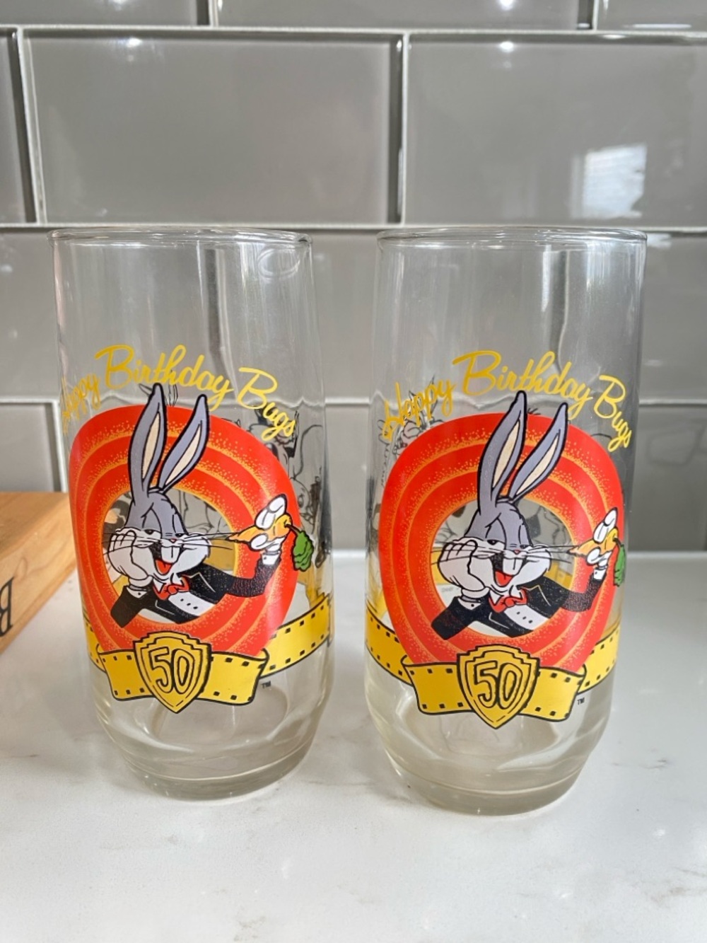 2 Vintage 1990 "Happy Birthday Bugs" 50th Anniversary Glasses - Bugs Bunny